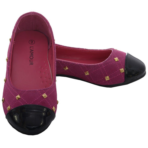 L'Amour Fuchsia Suede Patent Gold Stud Ballet Shoe Little Girl 11-4 - SophiasStyle.com